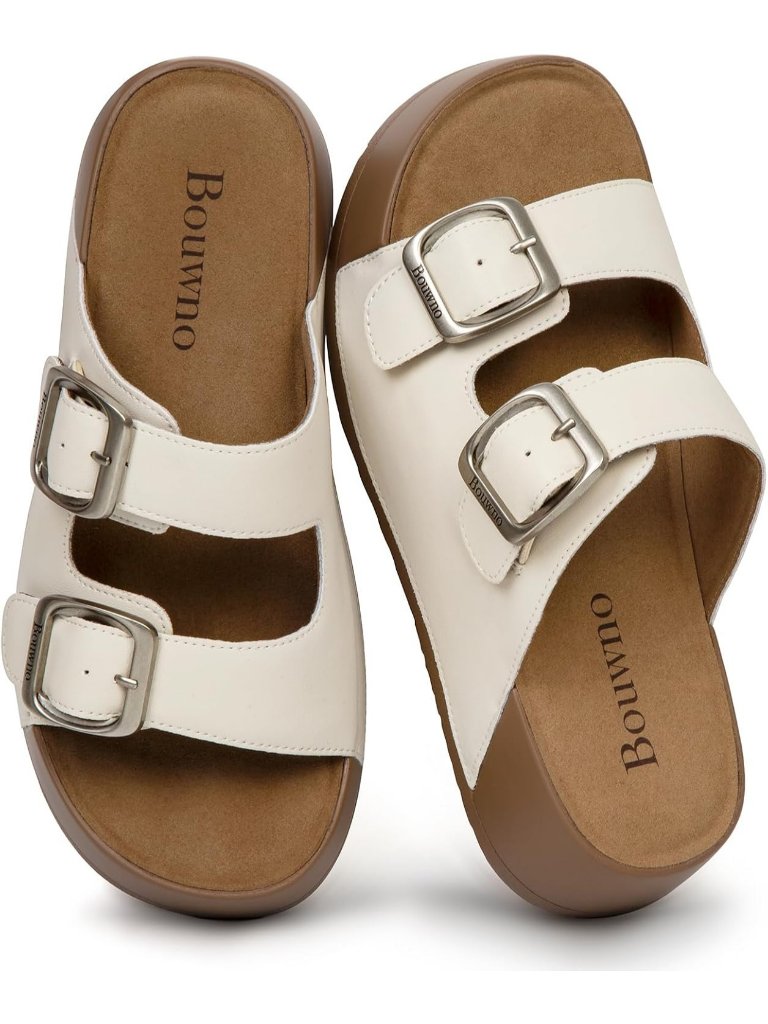 Women's White Slide Buckle Genuine Leather Slip On Beach Platform Sandal Shoes